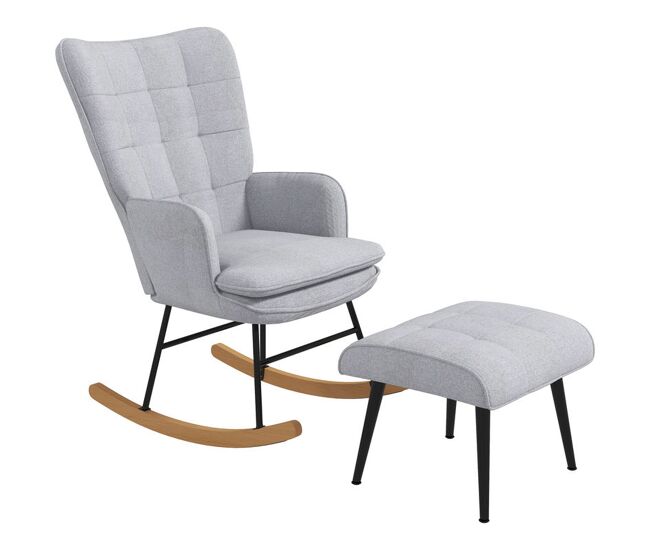 Homcom silla mecedora con reposapiés, sillón de relax, con cojín acolchado, respaldo alto, reposabrazos y patas de madera, carga 130 kg, para salón, dormitorio, gris claro
