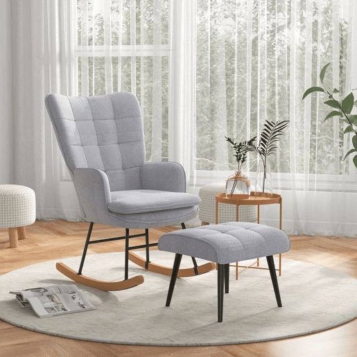 HOMCOM Conjunto de Poltrona Baloiço com Apoio para os Pés Poltrona Relax com Almofada Acolchoada e Anti-Tombo Carga 130 kg Sala de Estar Dormitório 64x89x90 cm Cinzento