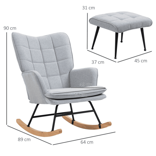 HOMCOM Conjunto de Poltrona Baloiço com Apoio para os Pés Poltrona Relax com Almofada Acolchoada e Anti-Tombo Carga 130 kg Sala de Estar Dormitório 64x89x90 cm Cinzento