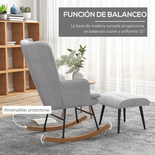 HOMCOM Conjunto de Poltrona Baloiço com Apoio para os Pés Poltrona Relax com Almofada Acolchoada e Anti-Tombo Carga 130 kg Sala de Estar Dormitório 64x89x90 cm Cinzento