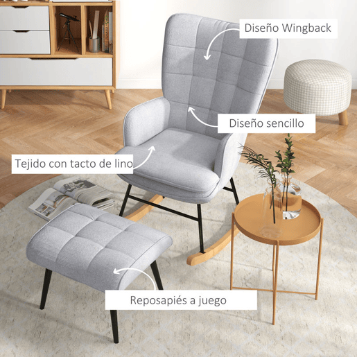 HOMCOM Conjunto de Poltrona Baloiço com Apoio para os Pés Poltrona Relax com Almofada Acolchoada e Anti-Tombo Carga 130 kg Sala de Estar Dormitório 64x89x90 cm Cinzento