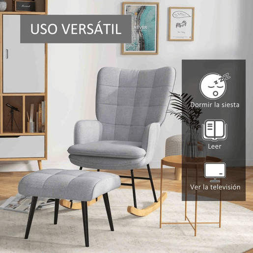 HOMCOM Conjunto de Poltrona Baloiço com Apoio para os Pés Poltrona Relax com Almofada Acolchoada e Anti-Tombo Carga 130 kg Sala de Estar Dormitório 64x89x90 cm Cinzento