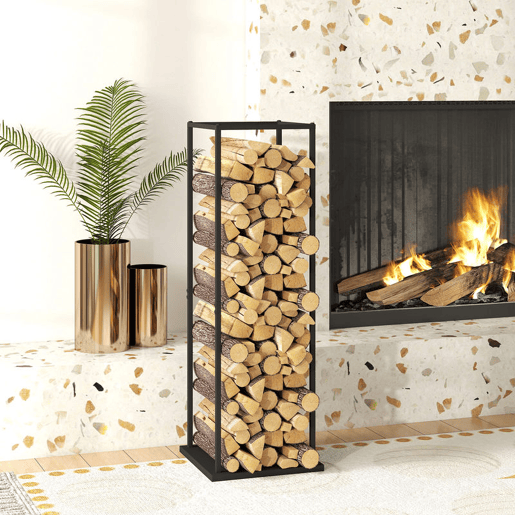 Outsunny Suporte para Lenha Metálico para Interior e Exterior com Base Elevada Capacidade de 100 kg 33x33x110 cm Preto