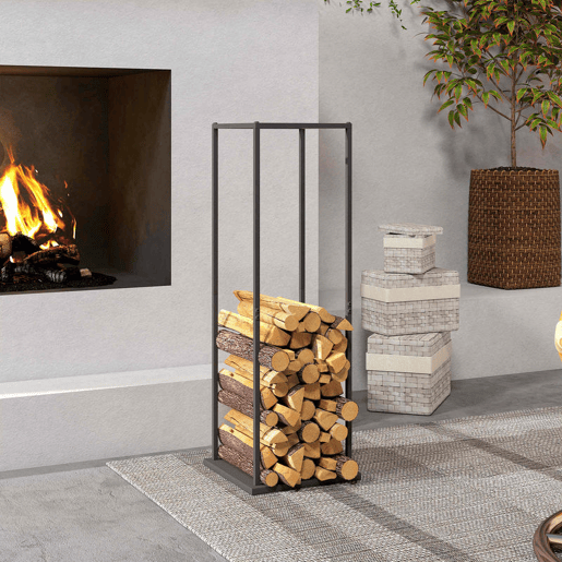 Outsunny Suporte para Lenha Metálico para Interior e Exterior com Base Elevada Capacidade de 100 kg 33x33x110 cm Preto