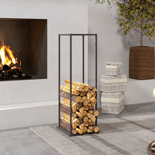 Outsunny Suporte para Lenha Metálico para Interior e Exterior com Base Elevada Capacidade de 100 kg 33x33x110 cm Preto