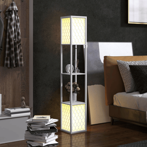 HOMCOM Candeeiro de Pé de Madeira Candeeiro de Pé com Estantes Lâmpada E27 Máx. 40W com Interruptor para Sala de Estar Dormitório Escritório 26x26x156 cm Branco