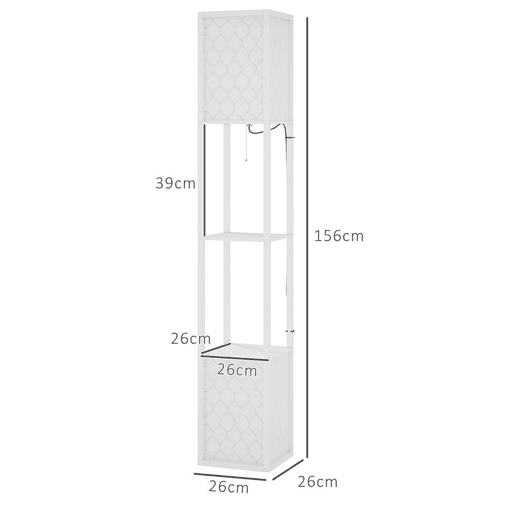 HOMCOM Candeeiro de Pé de Madeira Candeeiro de Pé com Estantes Lâmpada E27 Máx. 40W com Interruptor para Sala de Estar Dormitório Escritório 26x26x156 cm Branco