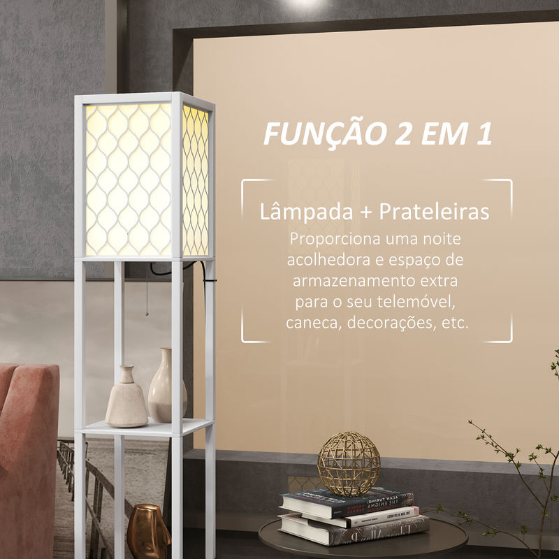 Lámpara De Pie HOMCOM Moderna Con Estantes Y Pantallas De Tela - Iluminación Cálida Y Práctica Para Salón, Dormitorio Y Oficina, Blanco