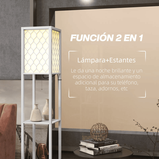 HOMCOM Candeeiro de Pé de Madeira Candeeiro de Pé com Estantes Lâmpada E27 Máx. 40W com Interruptor para Sala de Estar Dormitório Escritório 26x26x156 cm Branco