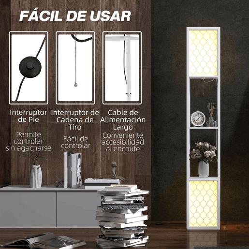 HOMCOM Candeeiro de Pé de Madeira Candeeiro de Pé com Estantes Lâmpada E27 Máx. 40W com Interruptor para Sala de Estar Dormitório Escritório 26x26x156 cm Branco