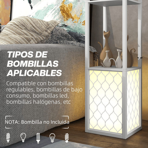 HOMCOM Candeeiro de Pé de Madeira Candeeiro de Pé com Estantes Lâmpada E27 Máx. 40W com Interruptor para Sala de Estar Dormitório Escritório 26x26x156 cm Branco