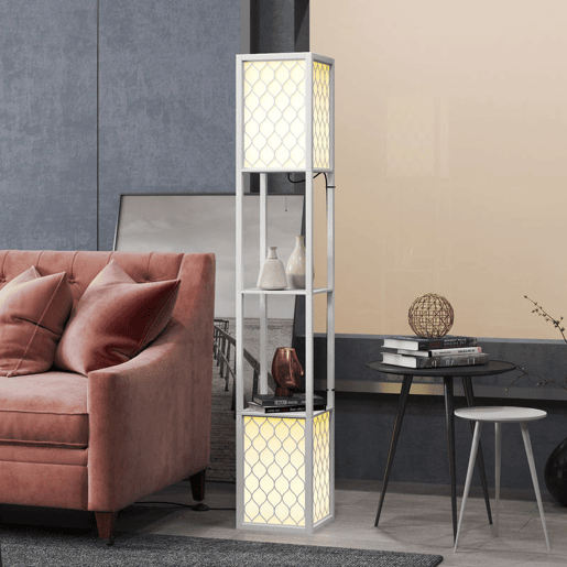 HOMCOM Candeeiro de Pé de Madeira Candeeiro de Pé com Estantes Lâmpada E27 Máx. 40W com Interruptor para Sala de Estar Dormitório Escritório 26x26x156 cm Branco