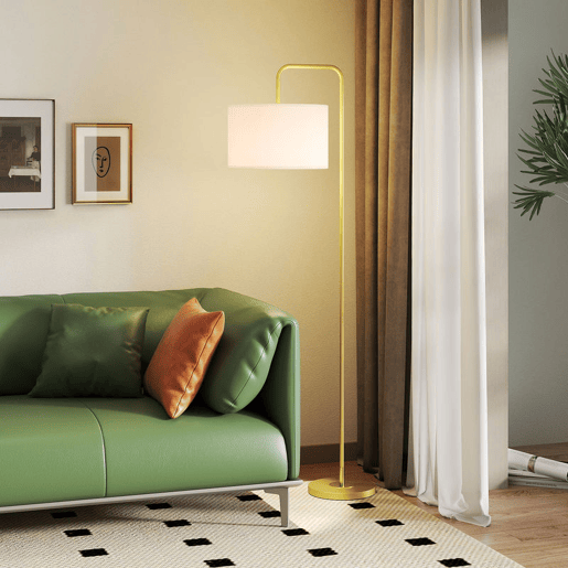 HOMCOM Candeeiro de Pé Moderno Lâmpada E27 Máx. 40W com Ecrã de Linho Estrutura de Aço e Interruptor de Pé Candeeiro de Leitura para Sala de Estar Dormitório 64x38x163,5 cm Branco e Dourado