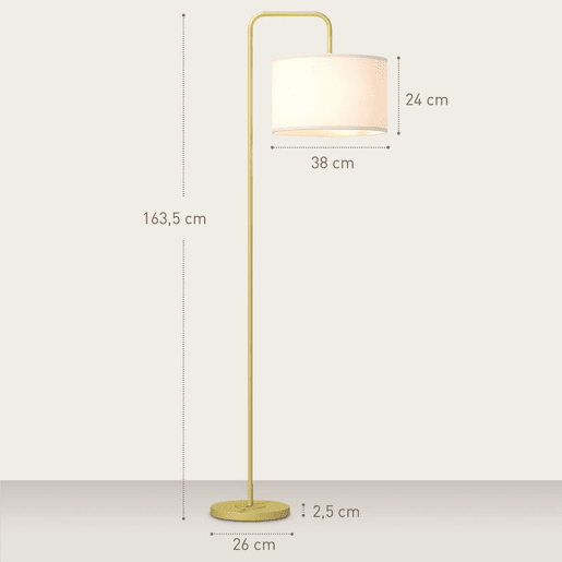 HOMCOM Candeeiro de Pé Moderno Lâmpada E27 Máx. 40W com Ecrã de Linho Estrutura de Aço e Interruptor de Pé Candeeiro de Leitura para Sala de Estar Dormitório 64x38x163,5 cm Branco e Dourado