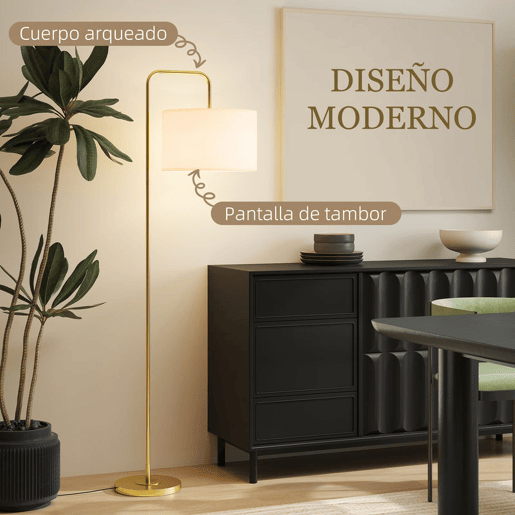 HOMCOM Candeeiro de Pé Moderno Lâmpada E27 Máx. 40W com Ecrã de Linho Estrutura de Aço e Interruptor de Pé Candeeiro de Leitura para Sala de Estar Dormitório 64x38x163,5 cm Branco e Dourado