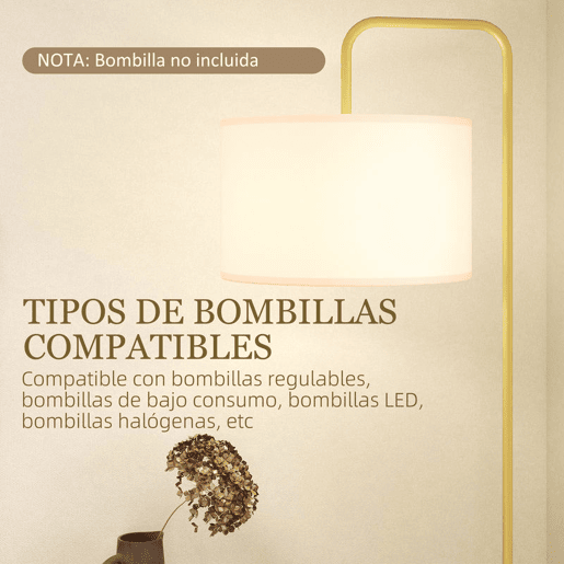 HOMCOM Candeeiro de Pé Moderno Lâmpada E27 Máx. 40W com Ecrã de Linho Estrutura de Aço e Interruptor de Pé Candeeiro de Leitura para Sala de Estar Dormitório 64x38x163,5 cm Branco e Dourado