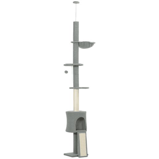 PawHut Arranhador para Gatos de Chão a Teto Altura Ajustável de 220-240 cm Torre para Gatos com Rede Plataformas em Flor Cavernas Rampa e Bola Cinza Claro