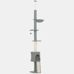 PawHut Arranhador para Gatos de Chão a Teto Altura Ajustável de 220-240 cm Torre para Gatos com Rede Plataformas em Flor Cavernas Rampa e Bola Cinza Claro