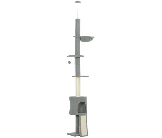 Pawhut árbol para gatos de suelo a techo, altura ajustable de 220-240 cm, torre para gatos con hamaca, plataformas en flor, cuevas, rampa y bola, gris