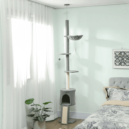 PawHut Arranhador para Gatos de Chão a Teto Altura Ajustável de 220-240 cm Torre para Gatos com Rede Plataformas em Flor Cavernas Rampa e Bola Cinza Claro