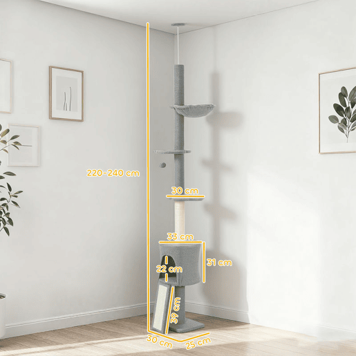 PawHut Arranhador para Gatos de Chão a Teto Altura Ajustável de 220-240 cm Torre para Gatos com Rede Plataformas em Flor Cavernas Rampa e Bola Cinza Claro