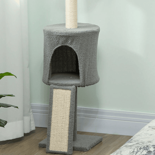PawHut Arranhador para Gatos de Chão a Teto Altura Ajustável de 220-240 cm Torre para Gatos com Rede Plataformas em Flor Cavernas Rampa e Bola Cinza Claro
