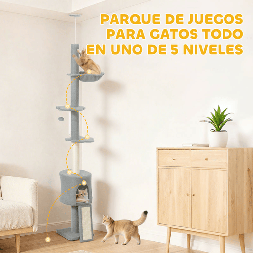 PawHut Arranhador para Gatos de Chão a Teto Altura Ajustável de 220-240 cm Torre para Gatos com Rede Plataformas em Flor Cavernas Rampa e Bola Cinza Claro