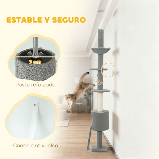 PawHut Arranhador para Gatos de Chão a Teto Altura Ajustável de 220-240 cm Torre para Gatos com Rede Plataformas em Flor Cavernas Rampa e Bola Cinza Claro