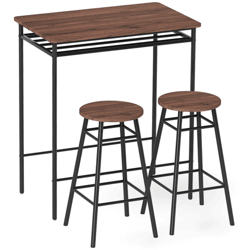 HOMCOM Conjunto de Mesa e Bancos de Bar Mesa Alta de Cozinha com 2 Bancos Industrial Prateleira Aberta Apoio para Pés Economia de Espaço para Espaços Reduzidos Sala de Estar Castanho