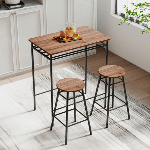 HOMCOM Conjunto de Mesa e Bancos de Bar Mesa Alta de Cozinha com 2 Bancos Industrial Prateleira Aberta Apoio para Pés Economia de Espaço para Espaços Reduzidos Sala de Estar Castanho