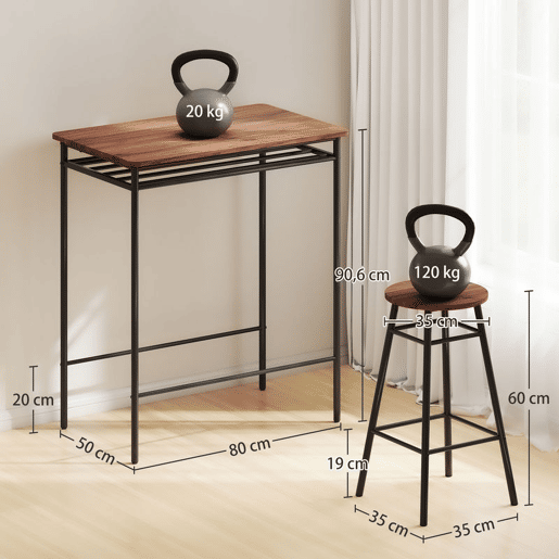 HOMCOM Conjunto de Mesa e Bancos de Bar Mesa Alta de Cozinha com 2 Bancos Industrial Prateleira Aberta Apoio para Pés Economia de Espaço para Espaços Reduzidos Sala de Estar Castanho