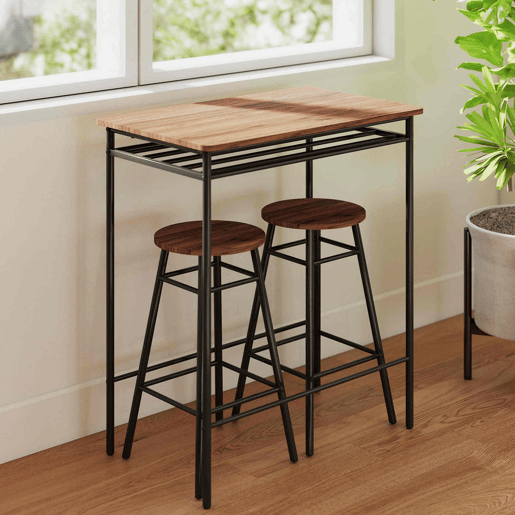 HOMCOM Conjunto de Mesa e Bancos de Bar Mesa Alta de Cozinha com 2 Bancos Industrial Prateleira Aberta Apoio para Pés Economia de Espaço para Espaços Reduzidos Sala de Estar Castanho