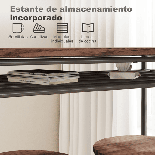 HOMCOM Conjunto de Mesa e Bancos de Bar Mesa Alta de Cozinha com 2 Bancos Industrial Prateleira Aberta Apoio para Pés Economia de Espaço para Espaços Reduzidos Sala de Estar Castanho