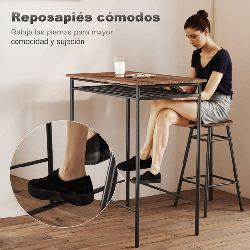 HOMCOM Conjunto de Mesa e Bancos de Bar Mesa Alta de Cozinha com 2 Bancos Industrial Prateleira Aberta Apoio para Pés Economia de Espaço para Espaços Reduzidos Sala de Estar Castanho