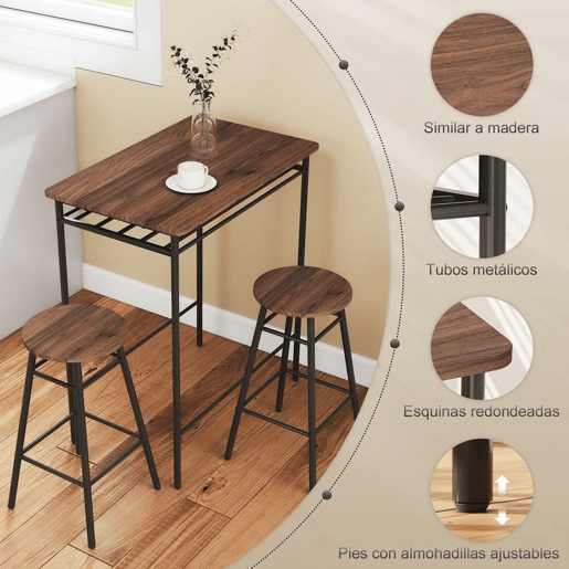 HOMCOM Conjunto de Mesa e Bancos de Bar Mesa Alta de Cozinha com 2 Bancos Industrial Prateleira Aberta Apoio para Pés Economia de Espaço para Espaços Reduzidos Sala de Estar Castanho