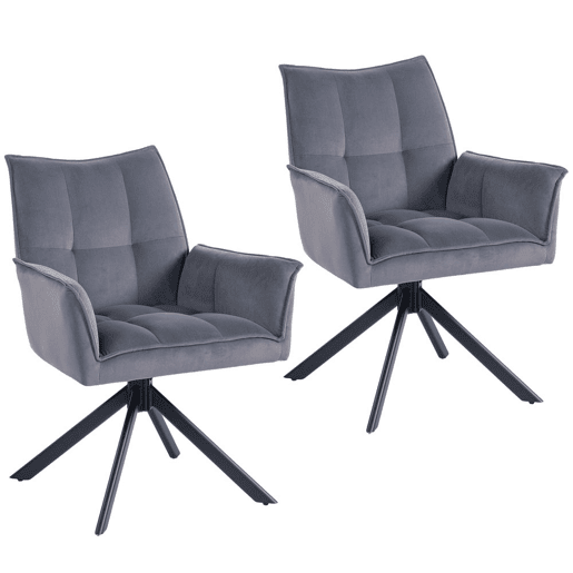 HOMCOM Conjunto de 2 Cadeiras de Refeição Giratórias 360° Cadeiras de Cozinha com Apoio de Braços Encosto Estofado Estofamento em Veludo Pés em Aço para Escritório Conferência Sala de Estar 63x64x85 cm Cinza