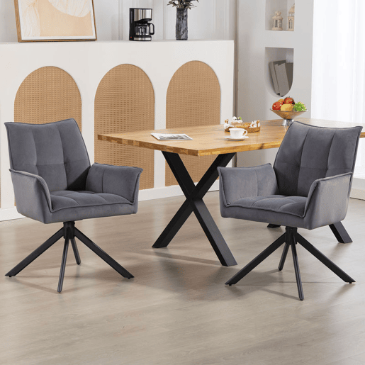 HOMCOM Conjunto de 2 Cadeiras de Refeição Giratórias 360° Cadeiras de Cozinha com Apoio de Braços Encosto Estofado Estofamento em Veludo Pés em Aço para Escritório Conferência Sala de Estar 63x64x85 cm Cinza