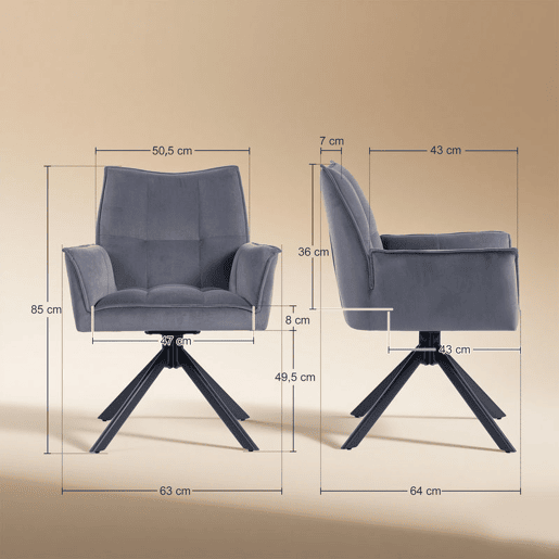 HOMCOM Conjunto de 2 Cadeiras de Refeição Giratórias 360° Cadeiras de Cozinha com Apoio de Braços Encosto Estofado Estofamento em Veludo Pés em Aço para Escritório Conferência Sala de Estar 63x64x85 cm Cinza