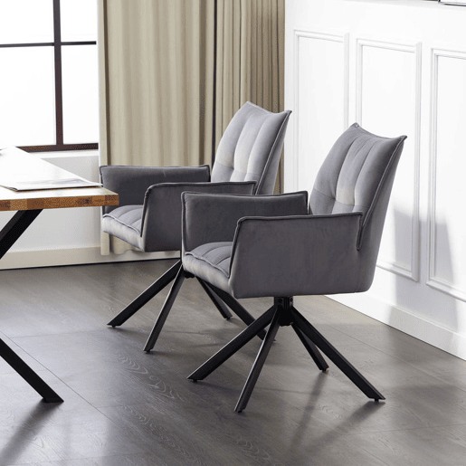 HOMCOM Conjunto de 2 Cadeiras de Refeição Giratórias 360° Cadeiras de Cozinha com Apoio de Braços Encosto Estofado Estofamento em Veludo Pés em Aço para Escritório Conferência Sala de Estar 63x64x85 cm Cinza
