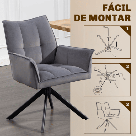 HOMCOM Conjunto de 2 Cadeiras de Refeição Giratórias 360° Cadeiras de Cozinha com Apoio de Braços Encosto Estofado Estofamento em Veludo Pés em Aço para Escritório Conferência Sala de Estar 63x64x85 cm Cinza