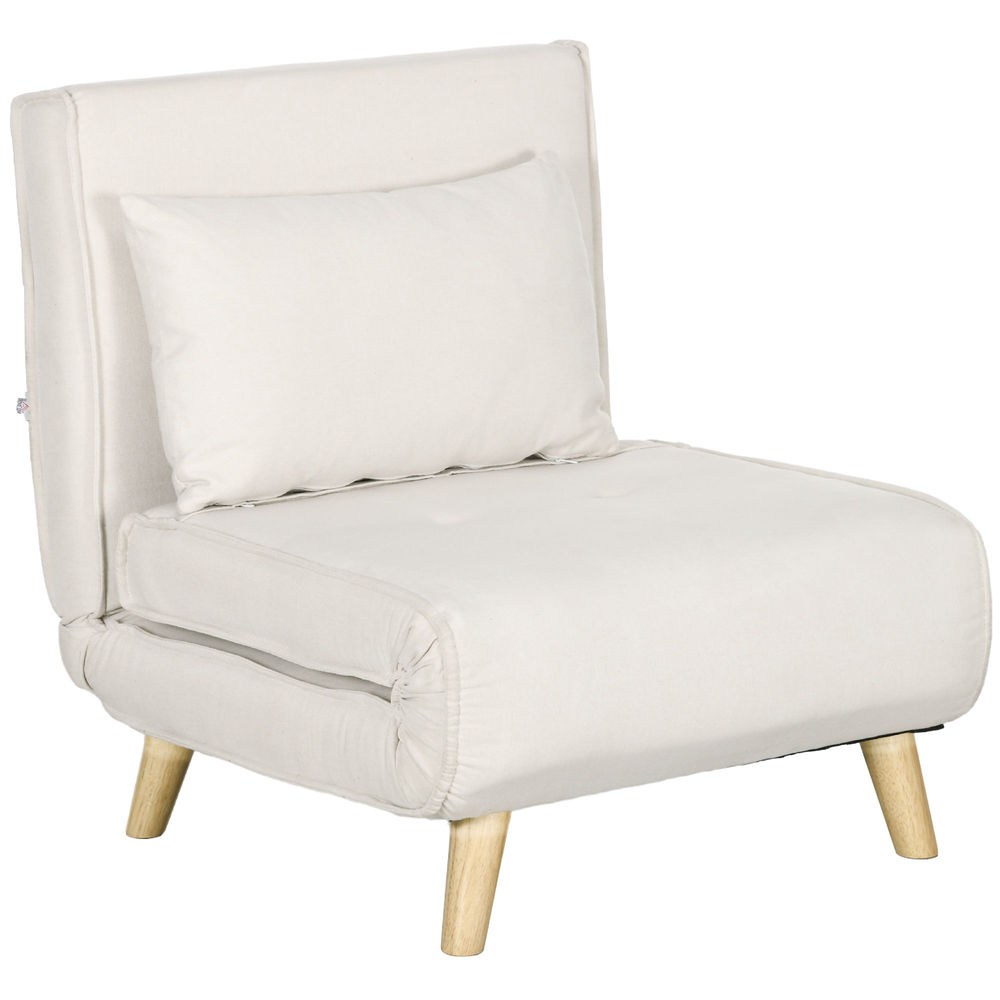 Homcom sofá cama de 1 plaza 3 en 1, sillón cama plegable tapizado en lino sintético, con respaldo ajustable en 6 niveles, almohada, asiento ancho, patas de madera, 72x78x79 cm, crema