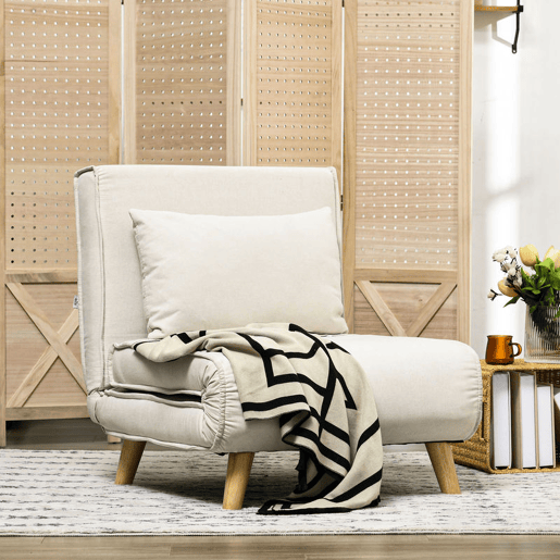 HOMCOM Sofá Cama Individual 3 em 1, Poltrona Cama Dobrável Estofada em Linho Sintético, com Encosto Ajustável em 6 Níveis, Almofada, Assento Largo, Pés de Madeira, 72x78x79 cm, Creme