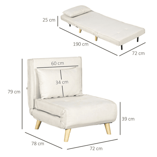 HOMCOM Sofá Cama Individual 3 em 1, Poltrona Cama Dobrável Estofada em Linho Sintético, com Encosto Ajustável em 6 Níveis, Almofada, Assento Largo, Pés de Madeira, 72x78x79 cm, Creme