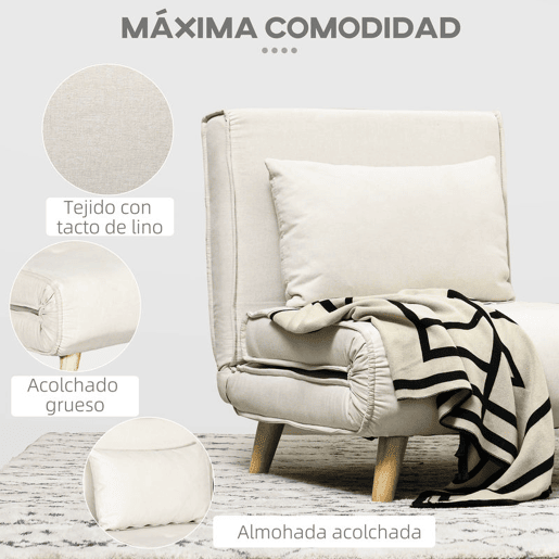 HOMCOM Sofá Cama Individual 3 em 1, Poltrona Cama Dobrável Estofada em Linho Sintético, com Encosto Ajustável em 6 Níveis, Almofada, Assento Largo, Pés de Madeira, 72x78x79 cm, Creme