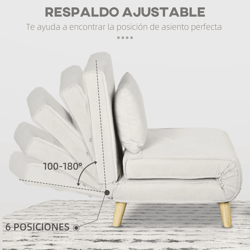 HOMCOM Sofá Cama Individual 3 em 1, Poltrona Cama Dobrável Estofada em Linho Sintético, com Encosto Ajustável em 6 Níveis, Almofada, Assento Largo, Pés de Madeira, 72x78x79 cm, Creme