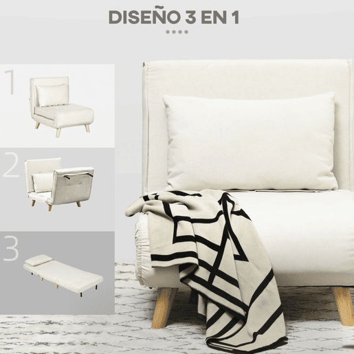 HOMCOM Sofá Cama Individual 3 em 1, Poltrona Cama Dobrável Estofada em Linho Sintético, com Encosto Ajustável em 6 Níveis, Almofada, Assento Largo, Pés de Madeira, 72x78x79 cm, Creme