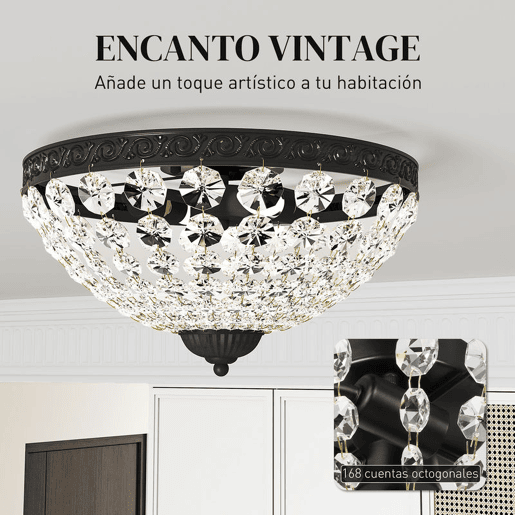 HOMCOM Candeeiro de Teto de Cristal Clássico com 2 Suportes E14 40W Candeeiro de Teto Vintage com 168 Contas de Cristal para Quarto Sala Cozinha e Sala de Jantar Preto