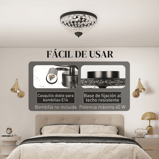 HOMCOM Candeeiro de Teto de Cristal Clássico com 2 Suportes E14 40W Candeeiro de Teto Vintage com 168 Contas de Cristal para Quarto Sala Cozinha e Sala de Jantar Preto