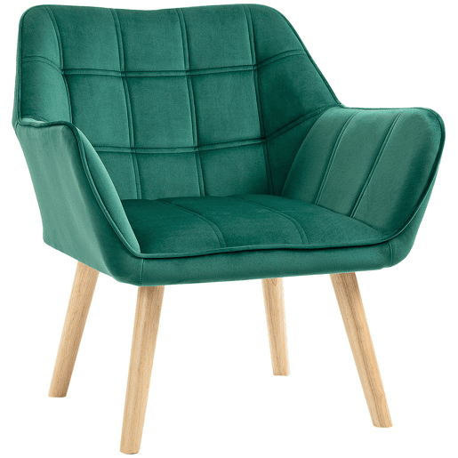 HOMCOM Poltrona Moderna de Sala, Cadeira de Leitura Estofada em Veludo com Pés de Madeira, Fácil de Montar, Cadeira Relax para Sala de Estar, Quarto e Varanda, Verde