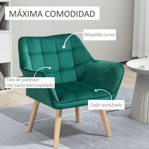HOMCOM Poltrona Moderna de Sala, Cadeira de Leitura Estofada em Veludo com Pés de Madeira, Fácil de Montar, Cadeira Relax para Sala de Estar, Quarto e Varanda, Verde